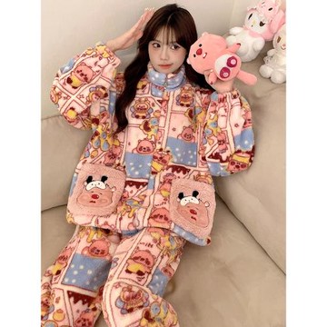 秋冬季睡衣女款珊瑚絨加厚加絨拉鏈2024新款卡通少女法蘭絨家居服