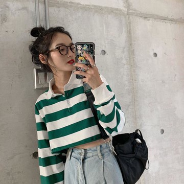 秋裝復古撞色條紋短款露臍T恤女寬松顯瘦學生長袖上衣打底衫1入