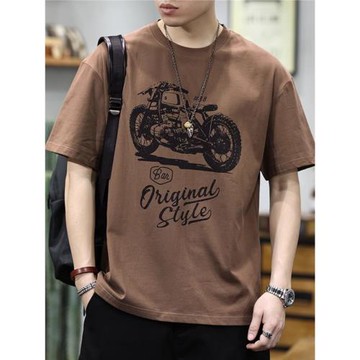 男士短袖t恤男夏季美式咖啡色上衣2024新款純棉寬松休閑重磅體恤