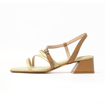 柔軟手感綿羊皮方頭不對稱細帶涼拖鞋黃X咖色