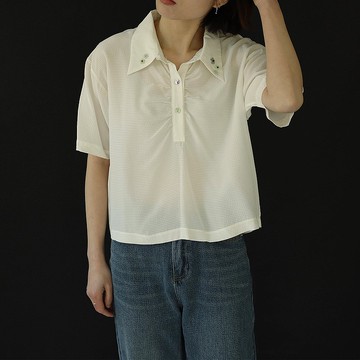 手工領口繡珠短襯衫 真絲短袖上衣
