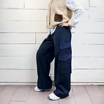 藍/藍格 - 後鬆緊格袋直筒工裝褲 #U2081