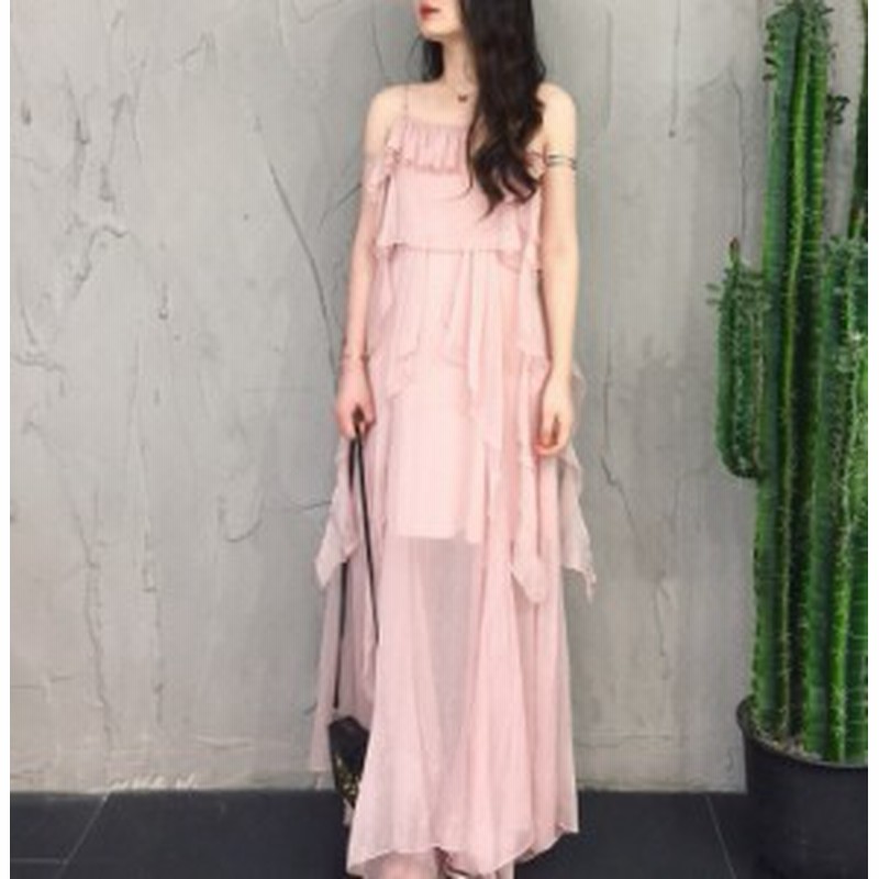 リゾートワンピース シフォン ロング丈 ノースリーブ 無地 ゆったり 体型カバー Aライン フレア 大人可愛い ピンク ワンピース 夏 通販 Lineポイント最大1 0 Get Lineショッピング