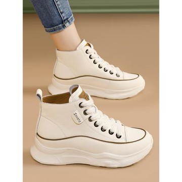 2025女新款春夏季百搭輕便軟底運動鞋厚底增高休閑真皮高幫小白鞋