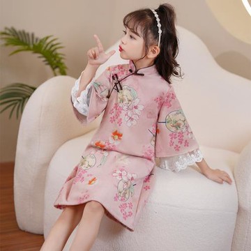 粉色女童旗袍倒大袖連衣裙春季復古民國兒童小女孩國風古箏演出服