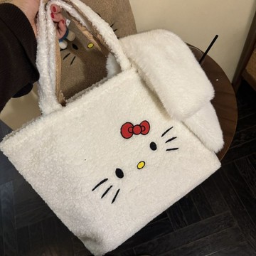kitty手提包 棕白加厚內里:羊羔毛刺繡kitty大容量通勤手提包