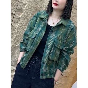 2025春季新款寬松休閑格紋襯衫外套中年女士洋氣百搭短款開衫上衣