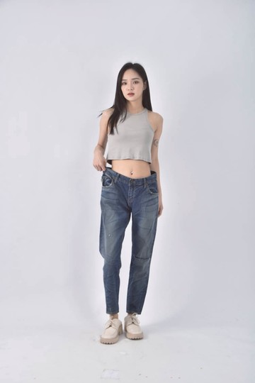 (L) 丹寧牛仔棉質仿舊藍色長褲