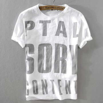 夏季男亞麻短袖T恤青年圓領字母印花體恤半袖衫外搭薄款棉麻小衫