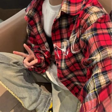 美式復古高街刺繡紅色格子長袖襯衫男vintage襯衣西海岸情侶國潮鑫弘-衣錦男裝