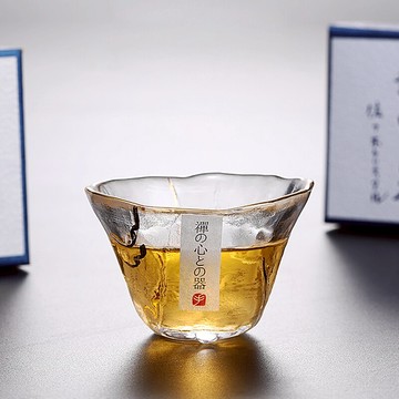 日式手工耐熱茶杯加厚金箔線杯玻璃品茗杯家用功茶杯主人杯斗笠杯