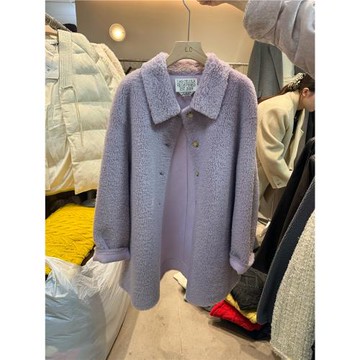 毛毛氛圍感羊毛大衣女秋冬高級感2024新款中長款藍色呢子毛呢外套