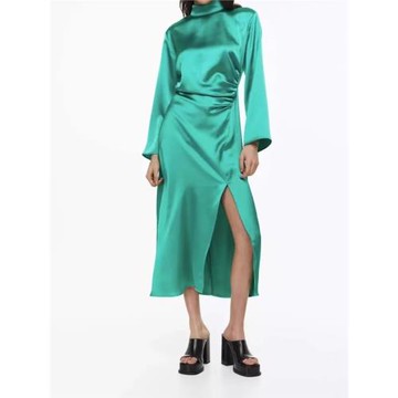 褶皺修身高品質氣場長袖連衣緞面