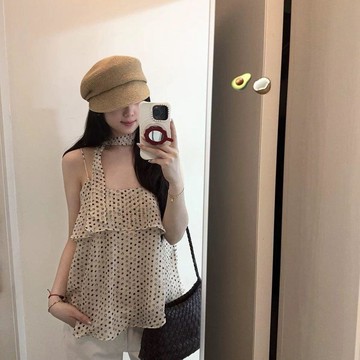 夏季 法式復古氛圍設計層次感杏色波點飄帶搭配休閒吊帶背心春夏季 吊帶 時尚女裝 法式復古女裝 法式背心 法式復古服飾
