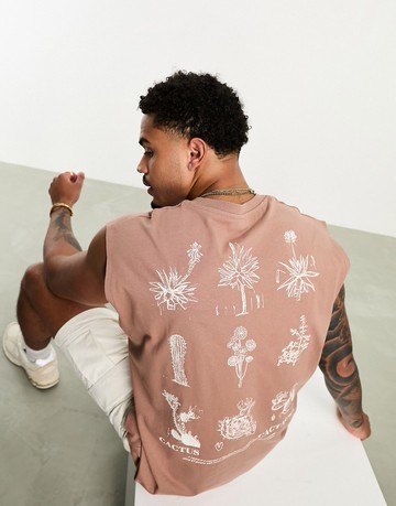 ASOS DESIGN oversized vest in brown with back cactus print