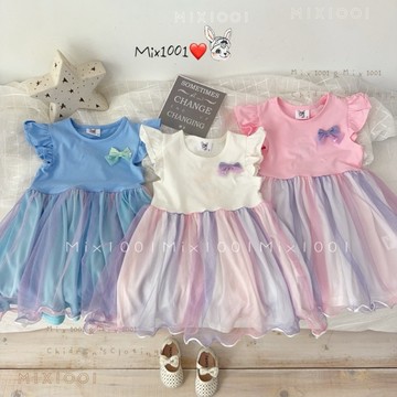 🌈✨mix1001小小蝴蝶結🎀渲染網紗洋裝✨兒童漸層色系網紗洋裝 5-17