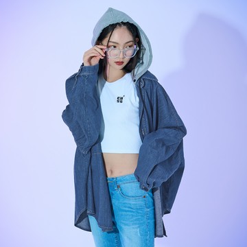 青春無敵可拆帽飄逸牛仔襯衫(石洗藍)-女