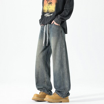 【HOT 本舖】男装美式復古牛仔褲男士春秋季新款漸變潮牌高街直筒休閒長褲子