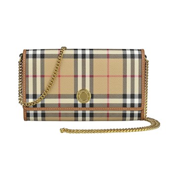 BURBERRY 巴寶莉  Hannah圓標金字LOGO格紋帆布鏈帶按釦斜背長夾包(米格紋x棕)