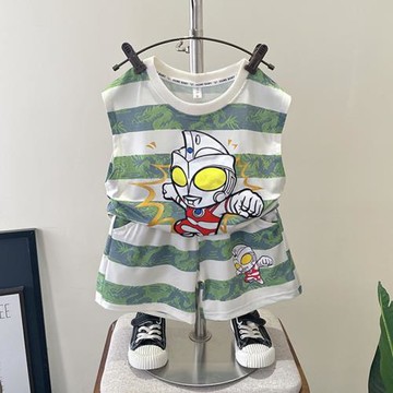 男童兒童炸街奧特曼衣服寶寶夏季條紋無袖背心2024新款兩件套夏裝