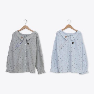 【Dailo】櫻桃條紋餅乾繡花休閒襯衫 藍 深藍