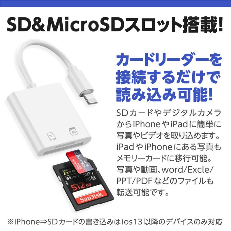 最安値に挑戦IPhone sd カードリーダー lightning カードリーダー 双方向データ転送 書類 sdカード 読み書き iPhone  カメラリーダー iOS13 転送 最新 Office ライトニング その他カメラ