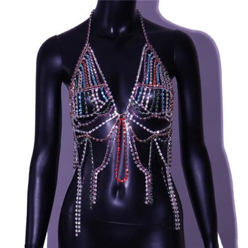 混彩水鉆流蘇彩鉆掛脖上衣流蘇歐美閃鉆滿鉆文胸鏈舞臺演出肚皮舞