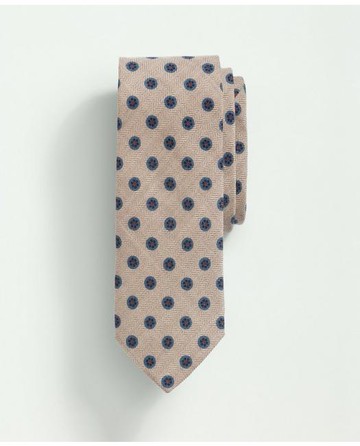 Brooks Brothers Men's Wool Silk Herringbone Medallion Tie | Beige/Blue | Size Regular