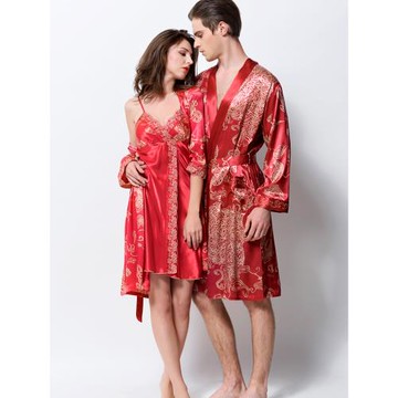 春秋性感真絲紅色新婚結婚情侶冰絲睡衣女夏吊帶睡裙絲綢男士睡袍