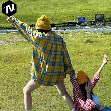 【Nico】♣️闆娘優選♣️ 棉質格子復古襯衫春季薄款設計新款寬鬆情侶襯衣外套長袖上衣 長袖 薄款 春秋款 開衫外套衫