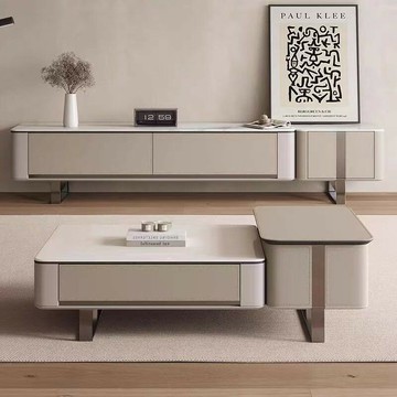 電視櫃 免運 附發票 馬鞍皮高級巖板茶幾電視櫃組合現代簡約輕奢長方形網紅落地式整裝