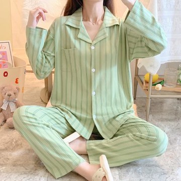 睡衣女士春秋季純棉長袖綠色條紋2025年新款可外穿家居服休閑套裝