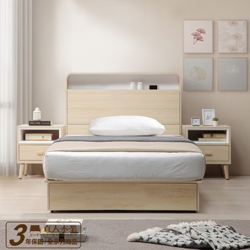 直人木業-SNOW北歐風白楓木收納側2抽附USB插座床組/單人加大3.5尺