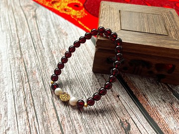 【萬事如意】酒紅石榴石 天然淡水珍珠 古法銀 925銀 設計手鍊