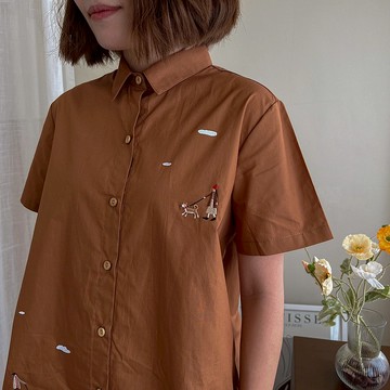 Shirt Dress : 連衣裙  Dog Walking狗 -Brown Cinnamon棕色的