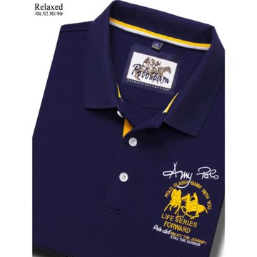 清倉特價長袖T恤男裝純棉 高檔刺繡POLO衫秋季休閑有領上衣深藍色