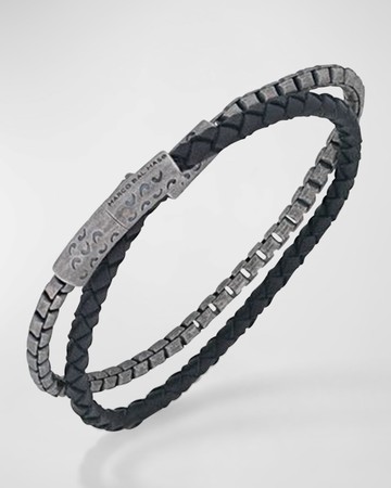 Men's Double Mix Black Woven Leather and Oxidized Silver Chain Bracelet