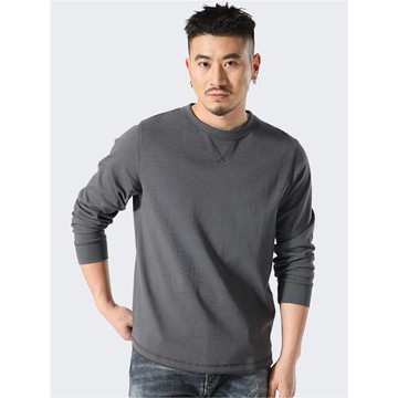 330克重磅深灰圓領休閑長袖T恤男歐美簡約純棉寬松百搭基礎打底衫