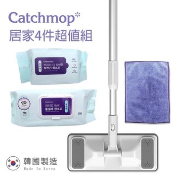 【THE LOEL】Catchmop 輕巧平板拖把居家4件超值組(1桿+1布+30乾巾+30濕巾)