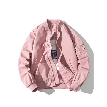 春秋冬季潮牌粉色棒球服簡約純色飛行員夾克男女情侶韓版潮流外套