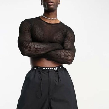 MensT-shirt 歐美型男微透性感內搭上衣男長袖短款時尚T恤男裝