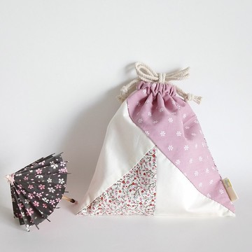 【現貨】和風拼布束口袋 (帶襯裡 ‧ 卡其色拉繩)