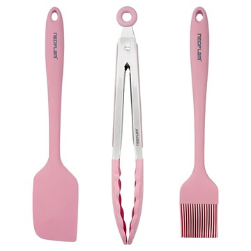 NEOFLAM 台灣原廠公司貨 矽銀烘焙調理三件組 粉紅色  料理刷(26 x 4.5cm) + 刮刀(27.3 x 5.4cm) + 料理夾(27 x 3.9cm)  1組