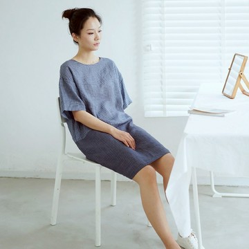 色織亞麻寬鬆oversize拼接格子連衣裙 套頭洋裝 D190307