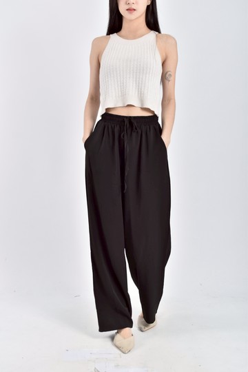 加購優惠(S) 高腰質感鬆緊腰抽繩黑色長褲