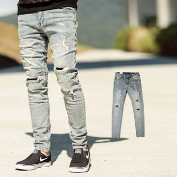 【NB0627J】韓國製破壞抓破黑色補丁合身牛仔褲(LE-PA701)