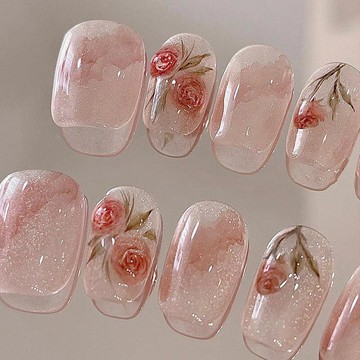 玫瑰美甲 貓眼 手工穿戴甲 穿戴美甲 指甲貼片 純手工手工貼片ins新款2024穿戴高級指甲發貨