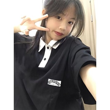 夏季新款Polo領短袖t恤女寬松韓版百搭學院風印花半袖上衣女