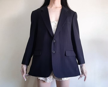 復古 PIERRE BALMAIN Paris 細條紋海軍藍超大西裝外套
