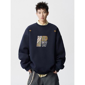 香港潮牌重磅衛衣男秋季新款潮流字母刺繡寬松落肩袖圓領套頭上衣